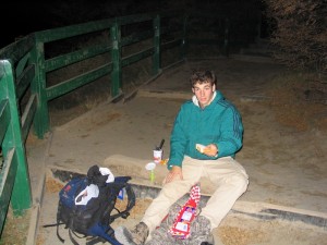 Me, enjoying a well-deserved PJB after wandering around in dark woods for hours